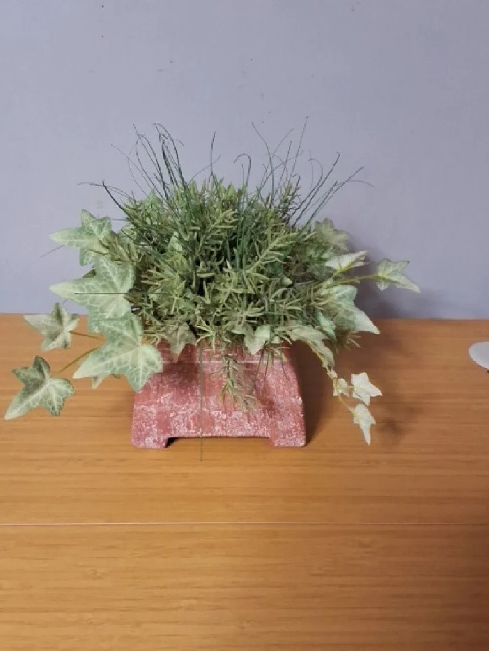 Pink Textured Planter with Lifelike Green Faux Ivy and Grass